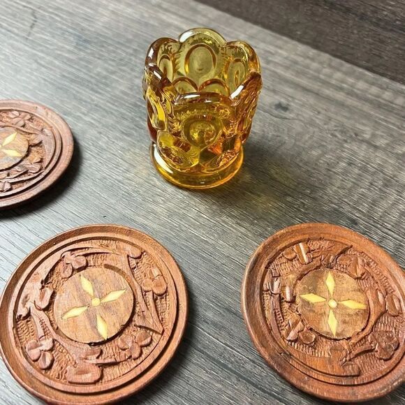 Vintage Bundle of Hand Crafted Wood Coasters from India & Gold Depression Glass - Picture 2 of 6